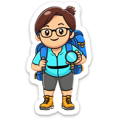 Very cheerful excited woman in her 40s with glasses wearing sporty outfit, hiking boots, and backpack, holding a magnifying glass with big smile sticker