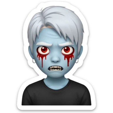 Create a 3D emoji-style avatar with very pale blue-grey zombie skin like the reference image, a young Asian face, and large eyes with blood tears. Give it white mullet-style hair, silver hoop earrings, and a plain black T-shirt. The face expression should be slightly angry, wwhite vampire teeth sticker
