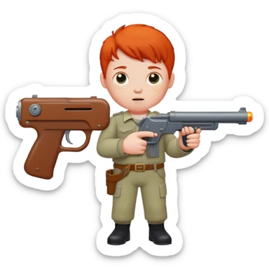 White Redhead chubby boy with freckles holding gun sticker