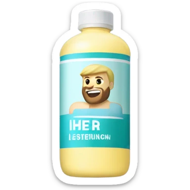 Buff man with blonde short hair and a medium length blonde beard riding on top of a giant bottle of listerine sticker