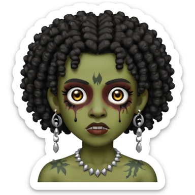 Zumbi with black and curly hair, studded earrings on both ears, black eye sticker