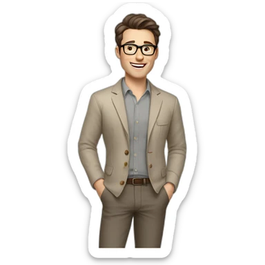 Joyful Pale skinned Fit Man With dark brown hair in gray jacket, beige office shirt, Brown pants and vintage glasses. His thrumbs up sticker