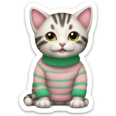 Baby cat wearing pink and green stripe sweater sticker