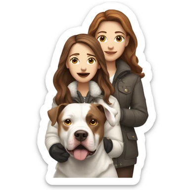 white woman with long brown hair in a furry jacket standing alongside a white pitbull with a brown patch around his eye sticker