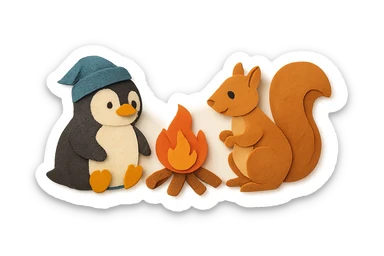 Pinguin und Eichhörnchen beim Campen, Papierbastel-Stil, Lagerfeuer sticker