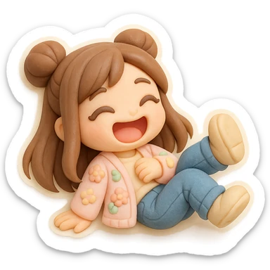 3D chibi girl in fondant cake art style, high-quality rendering with smooth shadows and soft gradients, long brown hair in two space buns, brown eyes, jeans, pastel floral cardigan, thick white outline like a sticker, transparent background, rolling on the floor laughing, preserve facial features from reference image sticker
