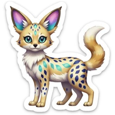 Rare iridescent white exotic epic aesthetic colorful Trico-Eevee-Serval-Genet-species-Fakemon-hybrid-creature, with intricate tattoo markings, full body sticker