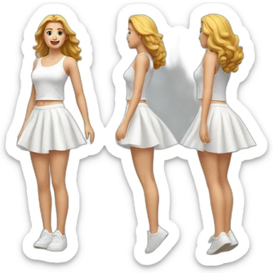 Hyperrealistic Full body Caucasian curvy beauty jumping short white skirt back and front views strong wind sticker