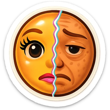 Make both sides of the split portrait look more like emoji faces and less realistic. The left side should be an idealized, airbrushed influencer emoji face with big eyes and glossy lips. The right side should be a tired, natural emoji face with visible imperfections and a sad expression. Keep the digital glitch crack dividing the two halves. sticker