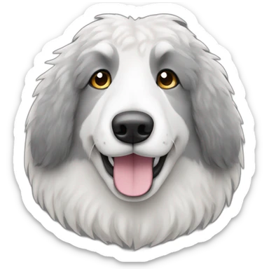 primarily grey and sometimes white flully sheepdog with black eyes that are partially covered by fur sticker