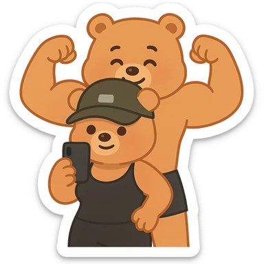Create an affectionate and cute illustration of two muscle bears inspired by the reference photo. One bear in front with a female shape, the other behind with a male shape doing a double biceps pose. The style should resemble apple emoji style. Remove the background. sticker