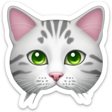 White and grey tabby cat with green eyes and pink nose sticker