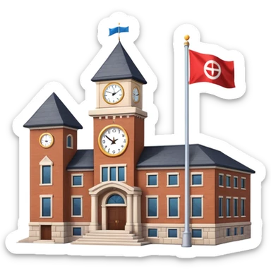 school building with a clock tower and flag on top sticker
