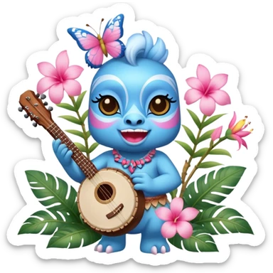 Pixar style little Blue and pink tiki singing with a butterfly, banjo, and tropical flowers, ultra detailed and lifelike imagery, realistic sticker