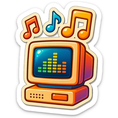 A retro CRT computer monitor showing a sound wave, with animated music notes rising above it, vibrant and playful retro style sticker