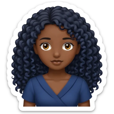 A girl with dark brown eyes Long curly black hair, slightly lighter than brownish black Navy blue dress sticker
