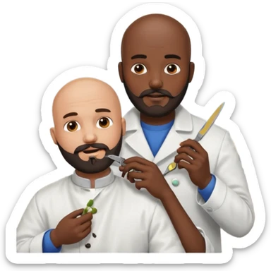 A bald man with a dark brown beard cutting someone’s hair at a barber shop and the other one is eating a poop sticker