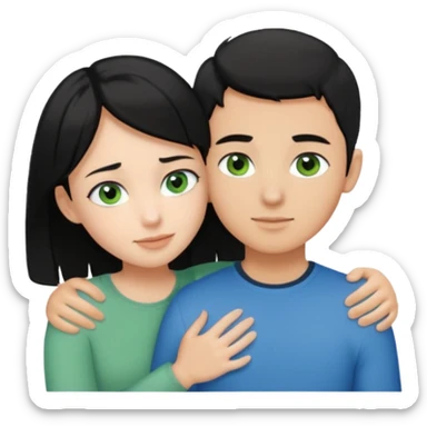 Make a couple hugging the girl is white with black hair with blue eyes hugging a boy with lightbrwn short hair with green eyes  sticker