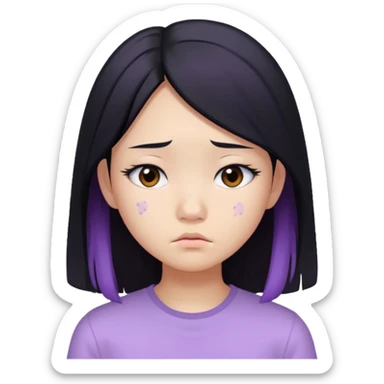 Asian girl, long black hair, lilac bando, white shirt, sad, with visible acne on her cheek sticker