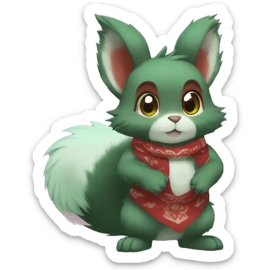 Cute, Chibi, chubby, fluffy, Kemono-style, Anthro, Fur-Sona, Dark-Red, Squirrel-Rabbit-hybrid-Fakémon, with a green bandana, full body sticker