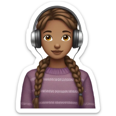 Brown hair girl, Boho braids, brown eyes, violet sweater, headphones, clear glass, brown skin, and cat in hands sticker