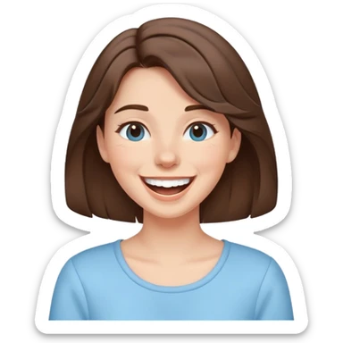 brunette girl with brown hair wearing pastel blue clothes laughing joyfully sticker