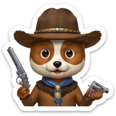 dog eating a cowboy hat holding a gun  sticker