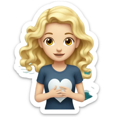 white girl with blonde wavy hair holds a heart in her hands, inside of heart there are sea waves  sticker
