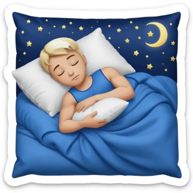 “A young muscular male with short dark-blonde hair and medium-light skin, wearing blue cloth. He sleeps on his side, holding a soft white pillow, his head on a smooth blue pillow. A sleeping symbol floats above him in the dark, nighttime scene. A flowing blue blanket with silky folds covers him. sticker
