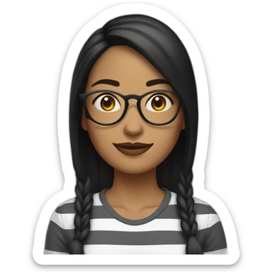 woman, black mid long hair, glasses on top of her head, long shirt with stripes sticker