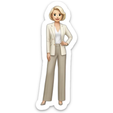 Full height Actively gesturing with hands pale skin woman with ash blonde Straightened bob Hair, White Spacious classical jacket, beige palazzo Arrow pants and gray blouse sticker