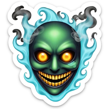 A mischievous entity with a half-melted mask, glowing void eyes, and a smoke-like body, shadow jester sticker