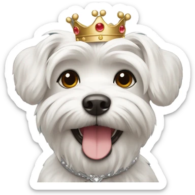 A happy Maltese wearing a crown sticker