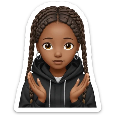 African American girl dark skin with long box braids and plain black hoodie with prayer hands sticker
