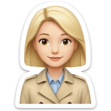 Cewe Kalem Kulit putih halus, rambut blonde panjang lurus rapi, belah samping. Pakai trench beige terang atau cream soff sticker