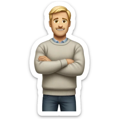 a white man wearing a sweater standing straight with his arms raised sticker