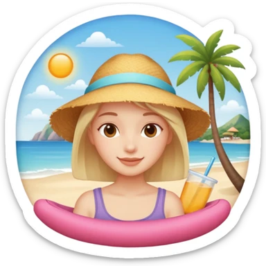 Emoji-style person relaxing on vacation, happy and content, rounded features, soft shading, sticker