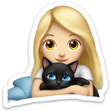 Blonde haired girl with blue eyes cuddled up in bed with a black cat that has yellow eyes sticker
