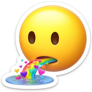 Standard yellow Smiley face, not looking happy, spitting out a rainbow with hearts into a little puddle sticker