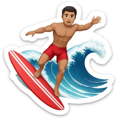 50 year old, muscular, dark haired, tan, red shorts man riding a big wave sticker