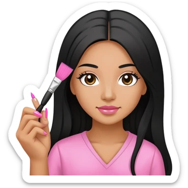 Pink Nail Tech with black long hair holding small acrylic brush sticker