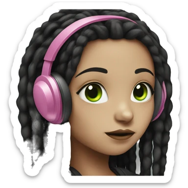 Gothic girl with green eyes, black dreadlocks, pink headphones sticker