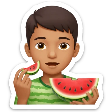 a watermelon with a indian 13 yearold boy who is a little fat eating it sticker