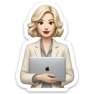 pale skin woman with ash blonde Straightened bob Hair, White Spacious classical jacket, beige palazzo Arrow pants and gray blouse holding a MacBook in the hands sticker