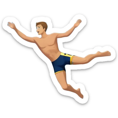 A diver mid-air, plunging from a high cliff into the sparkling ocean below. The background features rugged cliffs, clear blue water, and a bright sky, emphasizing the excitement and danger of the sport with a sense of freedom and adventure. sticker