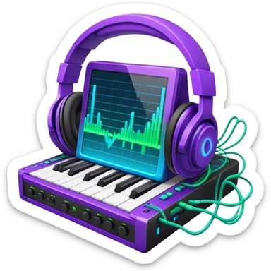 Create a creative and technical emoji that represents sound design. The design should feature a soundwave, a pair of studio headphones, and an audio synthesizer or soundboard to symbolize the manipulation and creation of unique soundscapes. Add subtle elements like audio cables, a mixing console, or a waveform to reflect the technical aspect of sound design. Use vibrant, futuristic colors like neon blue, purple, and green to represent innovation and creativity in sound. The background should be transparent. sticker