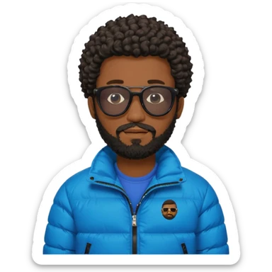 Black man with black sunglasses and curly short
 hair with a full beard and sideburns in a puffer jacket sticker