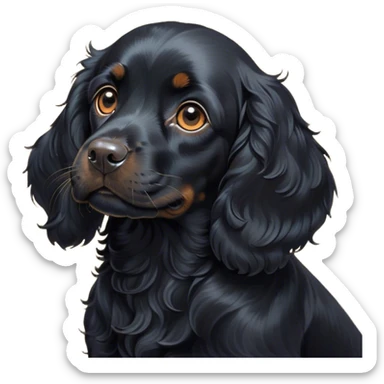 Cinematic Cute Black Cocker Spaniel Portrait Emoji, Head tilted playfully and inquisitively, featuring a glossy black coat with delicate tan accents, round, sparkling dark eyes brimming with curiosity, Simplified yet irresistibly adorable features, highly detailed, glowing with a warm, friendly glow, high shine, affectionate and lively, stylized with a touch of whimsy, bright and endearing, soft glowing outline, capturing the essence of a mischievous yet loving pup, so playful it feels like it could bound out of the screen and into your arms! sticker