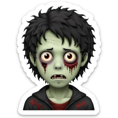 Boy, zombie, black and curly hair, medium long, emo, shaggy, dark, spooky, creepy expression sticker