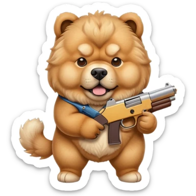 Funny realistic-style chow chow dog with light fur standing on its hind legs and holding a gun menacingly sticker